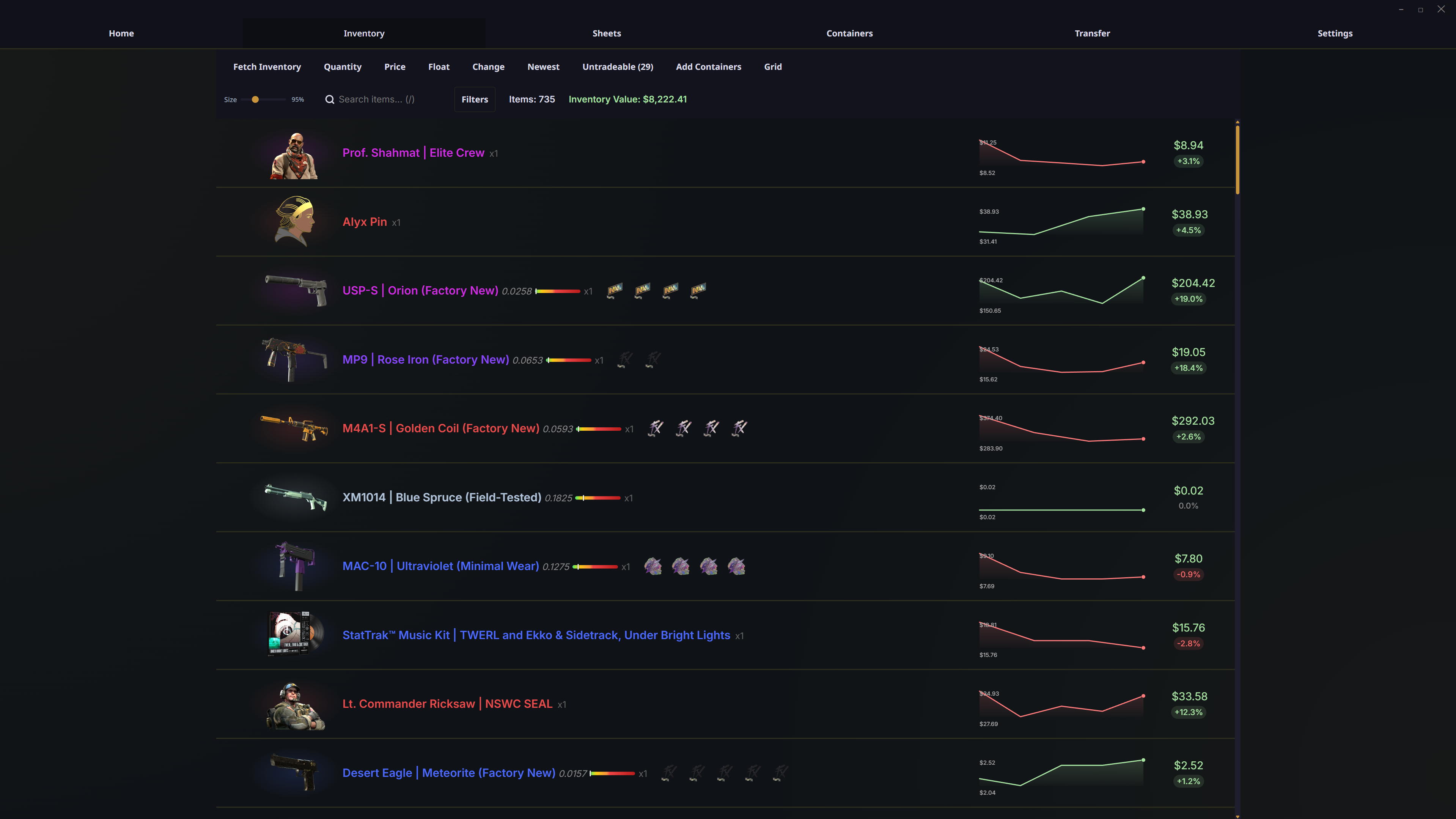 CounterSheets inventory table with live prices and trend sparklines